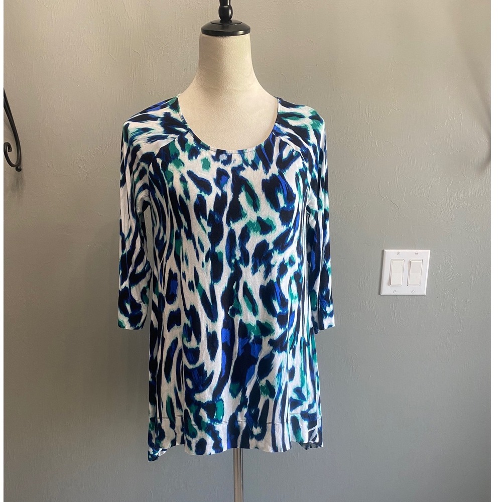 Chicos Womens Size 0 Blue Teal Abstract Animal Print 3/4 Sleeve Tunic Top